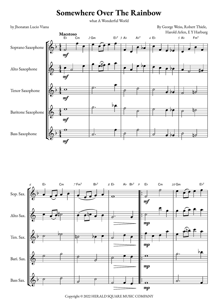 Somewhere Over The Rainbow/what A Wonderful World Saxophone Quintet scores gallery preview page 1