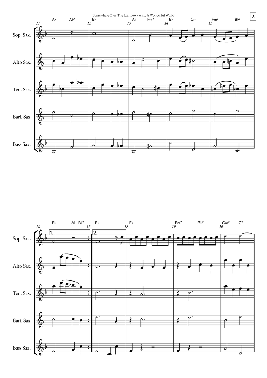 Somewhere Over The Rainbow/what A Wonderful World Saxophone Quintet scores gallery preview page 2