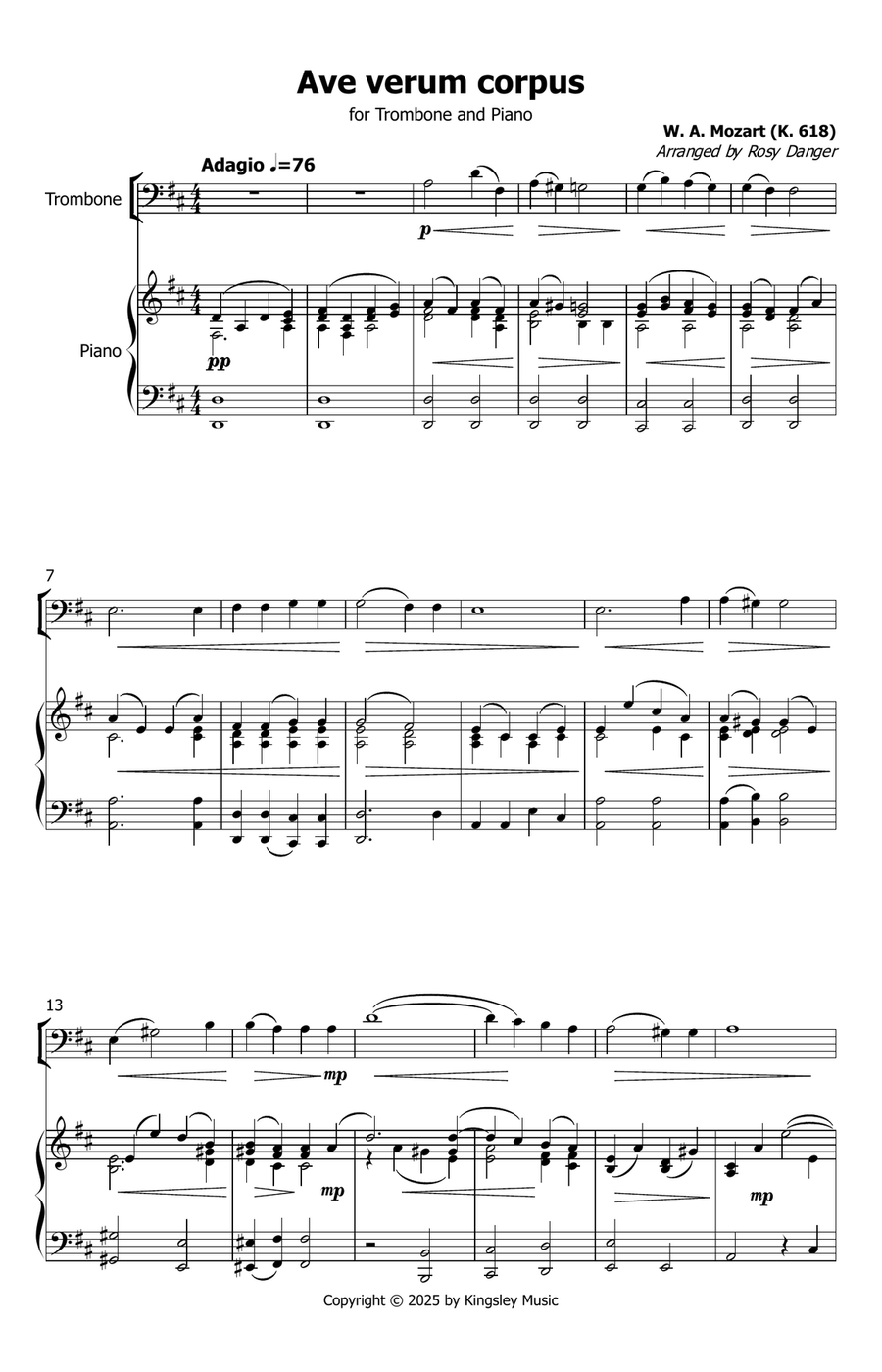 Ave verum corpus - Mozart K. 618 (trombone solo with piano accompaniment) Piano scores gallery preview page 1