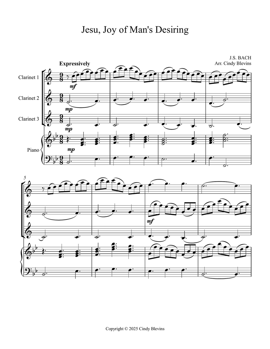 Jesu, Joy of Man's Desiring, for Three Clarinets and Piano Small Ensemble scores gallery preview page 2