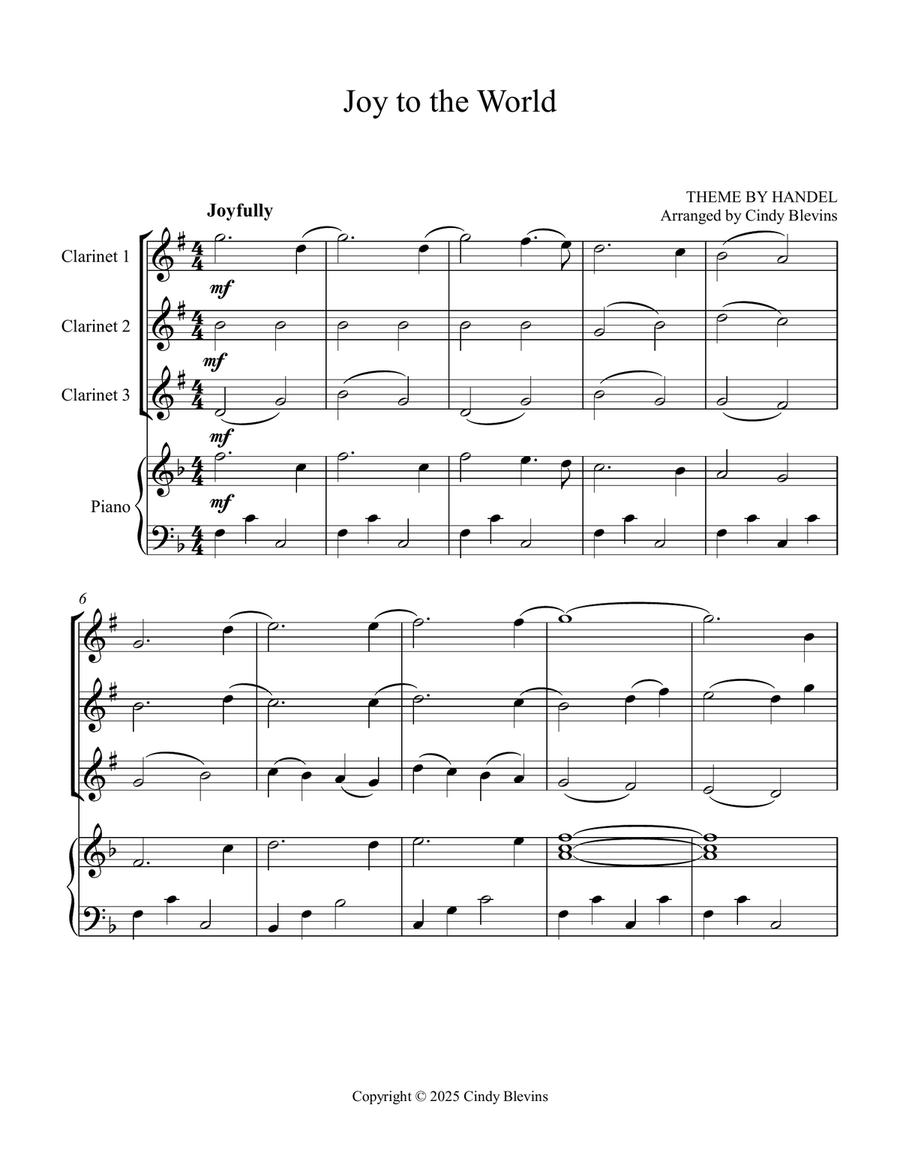Joy To the World, for Three Clarinets and Piano Small Ensemble scores gallery preview page 2