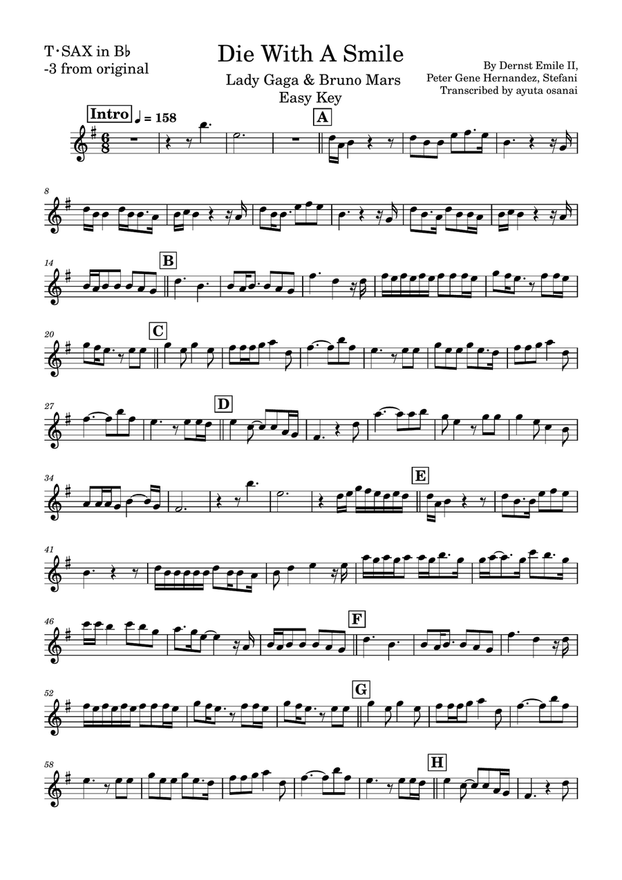 Die With A Smile Die With A Smile Tenor Saxophone scores gallery preview page 1