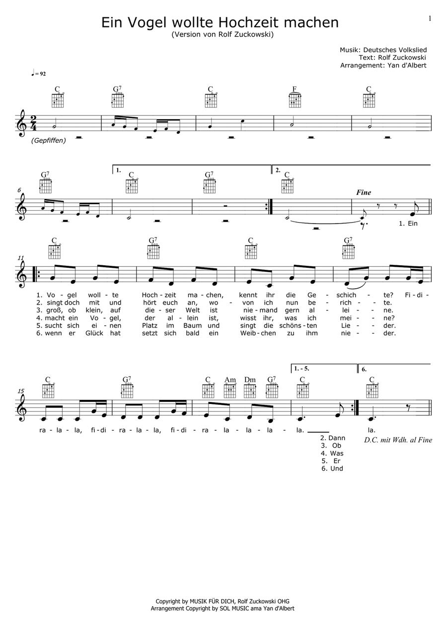 Ein Vogel wollte Hochzeit machen (Version Rolf Zuckowski) Guitar scores gallery preview page 1