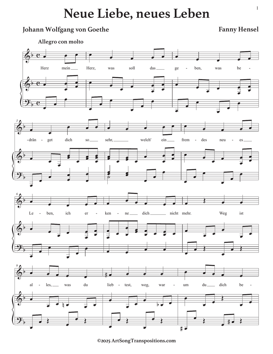 HENSEL: Neue Liebe, neues Leben (transposed to F major) Piano, Vocal scores gallery preview page 2