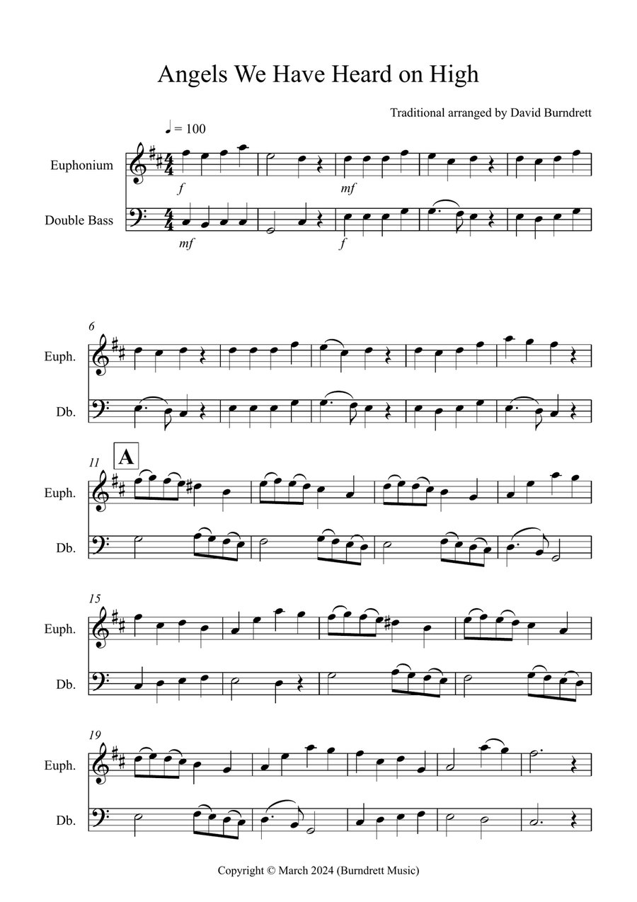 Angels We Have Heard on High for Euphonium and Double Bass Duet String Duet scores gallery preview page 1