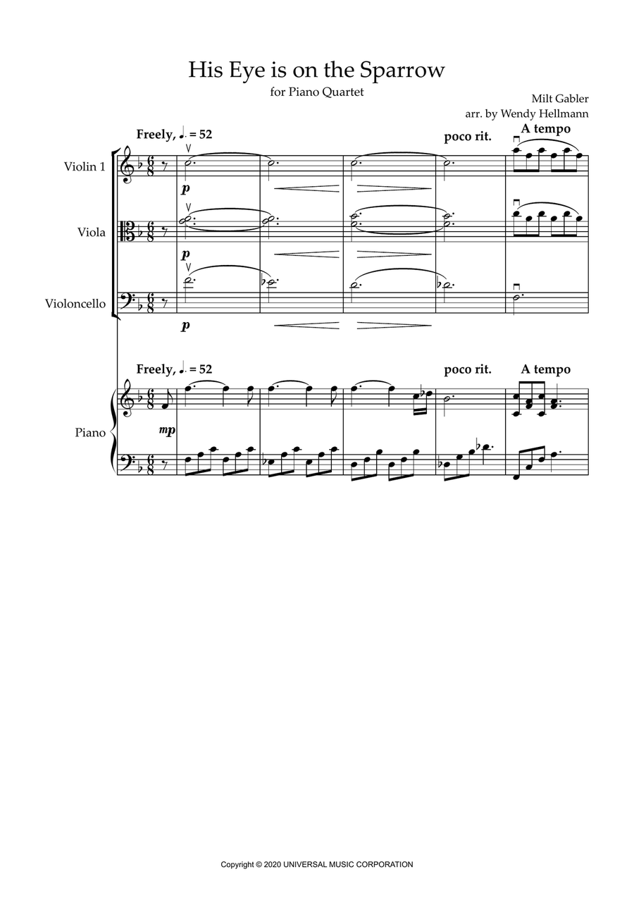 His Eye Is On The Sparrow Piano Quartet scores gallery preview page 1