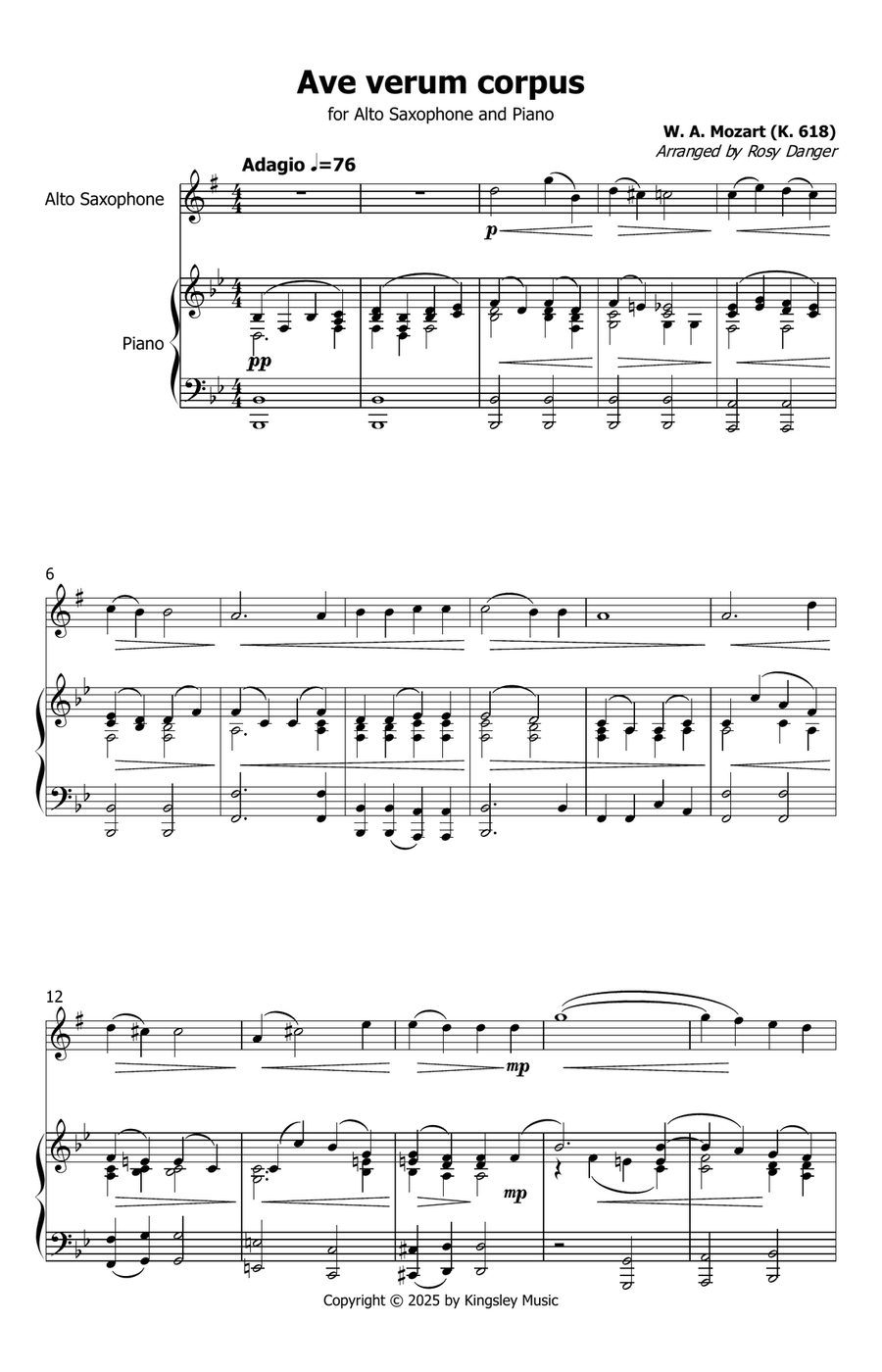 Ave verum corpus - Mozart K. 618 (alto saxophone solo with piano accompaniment) Alto Saxophone scores gallery preview page 1