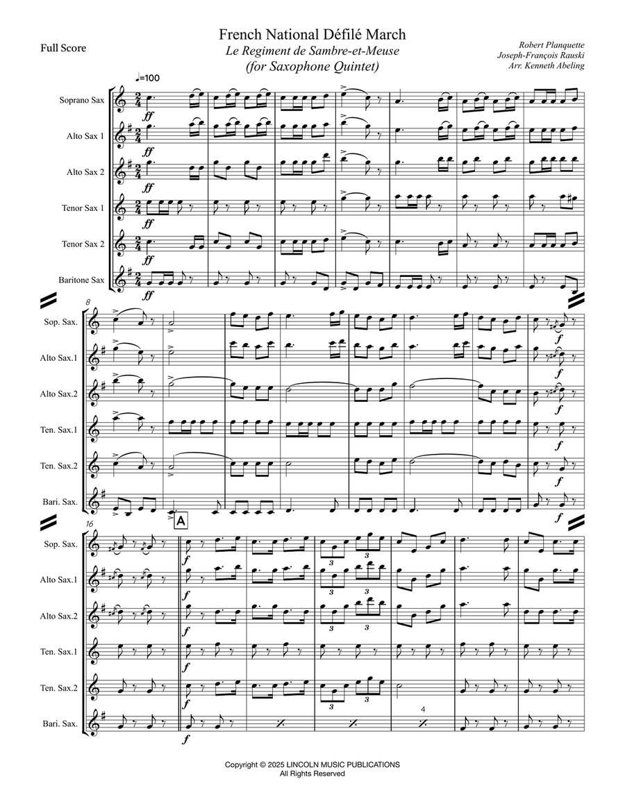 Le Regiment de Sambre et Meuse (for Saxophone Quintet) SATTB or AATTB Saxophone Quintet scores gallery preview page 2