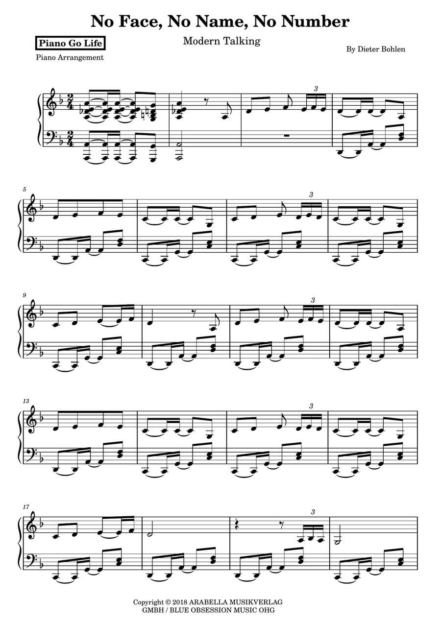 No Face No Name No Number Piano Solo scores gallery preview page 1