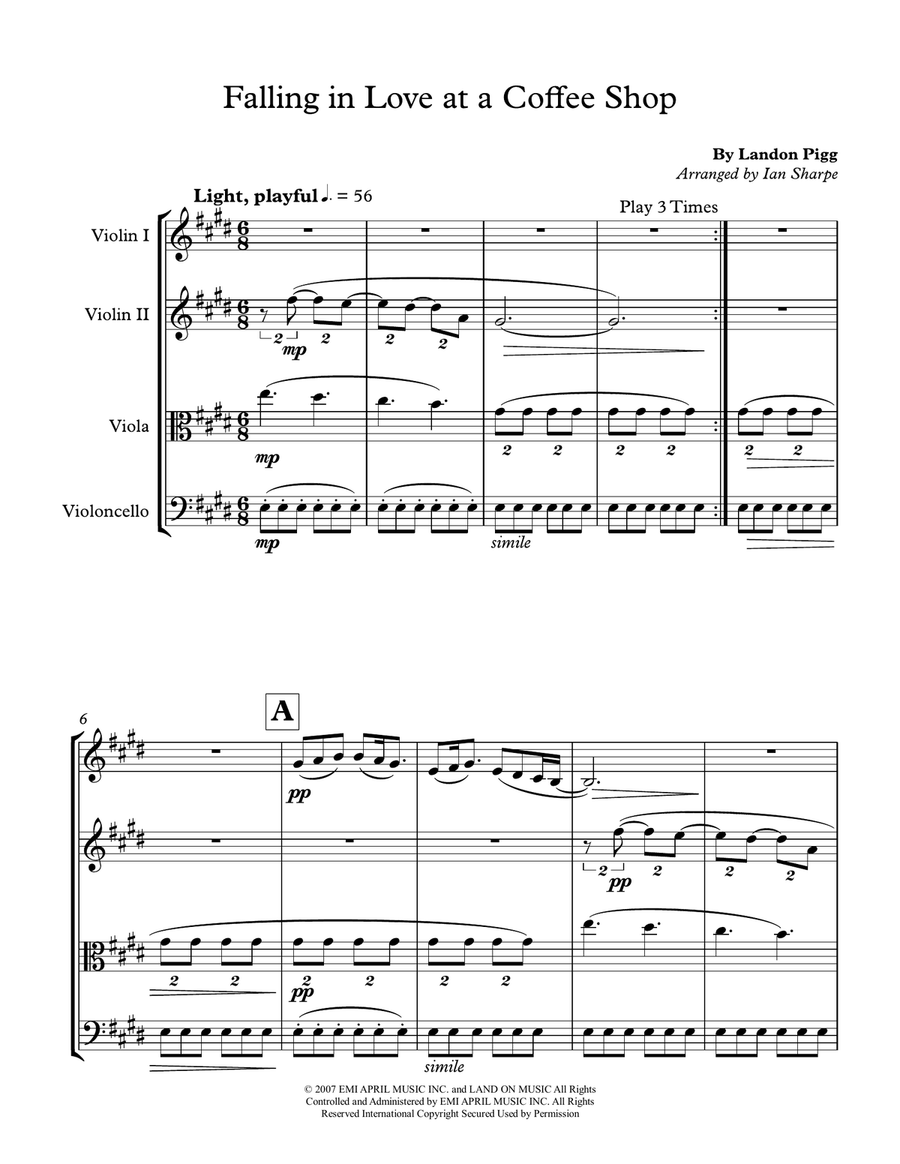 Falling In Love At A Coffee Shop String Quartet scores gallery preview page 1