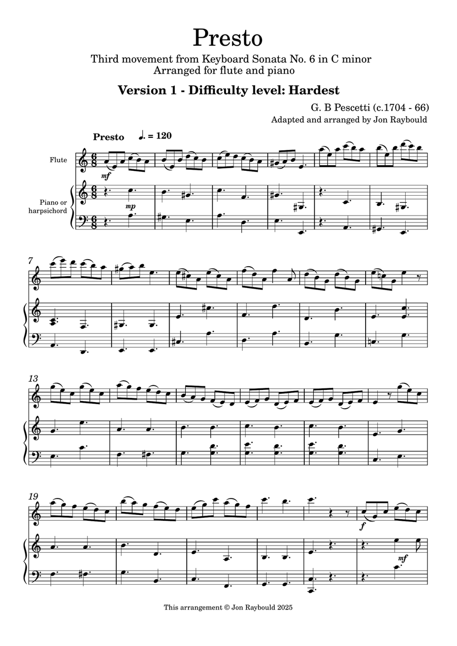 Pescetti Keyboard Sonata arranged for Flute Flute Solo scores gallery preview page 1