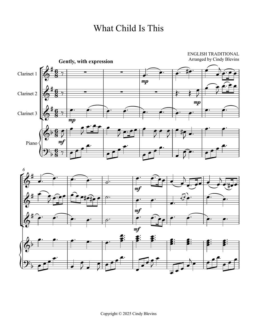 What Child Is This, for Three Clarinets and Piano Small Ensemble scores gallery preview page 2