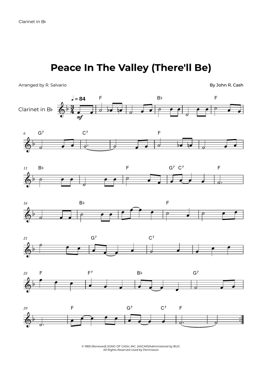 Peace In The Valley (There'll Be) B-Flat Clarinet scores gallery preview page 1