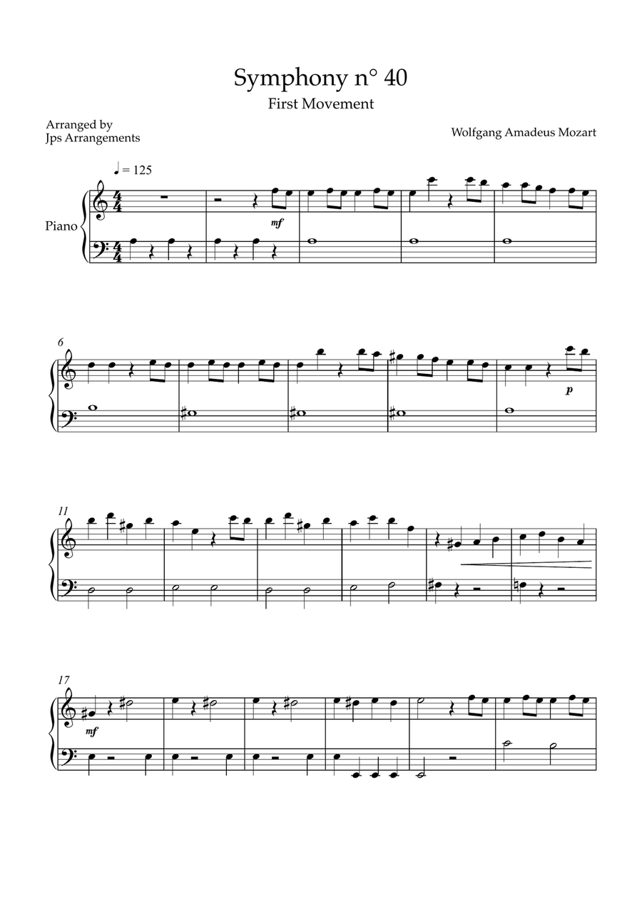 Symphony n°40 by Mozart (first movement) - for easy piano key in Am Easy Piano scores gallery preview page 1