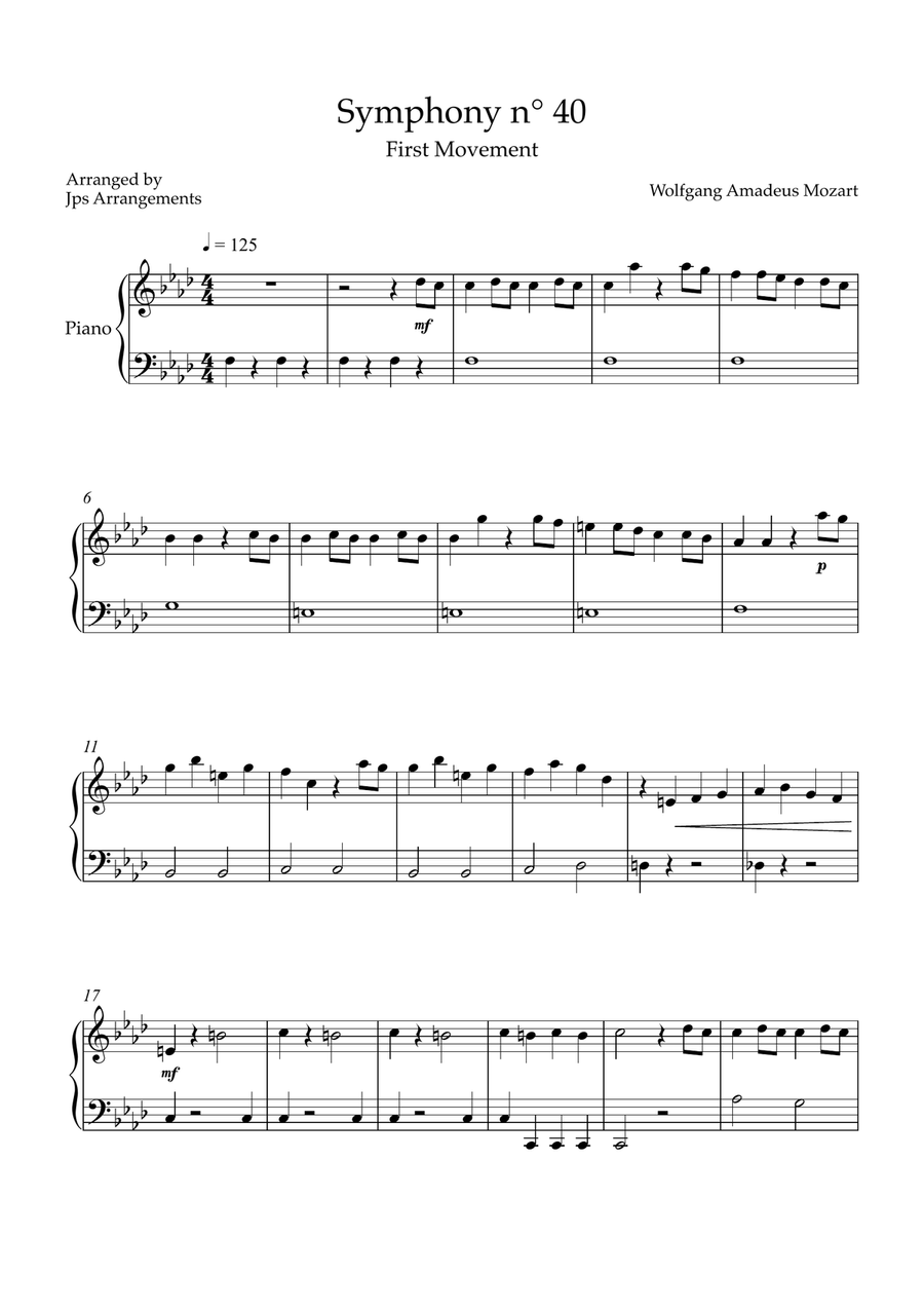 Symphony n°40 by Mozart (first movement) - for easy piano key in Fm Easy Piano scores gallery preview page 1