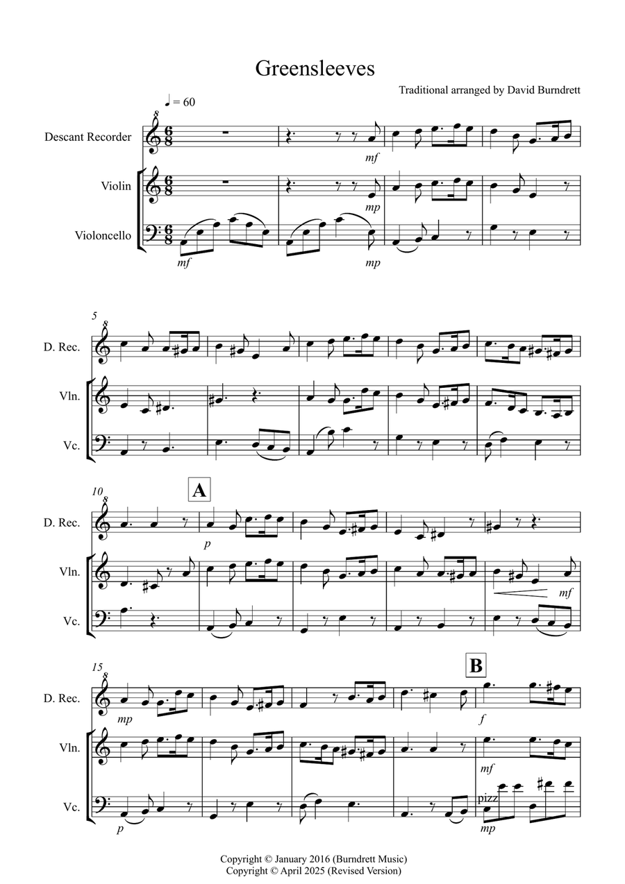 Greensleeves for Descant Recorder, Violin and Cello Trio Small Ensemble scores gallery preview page 1