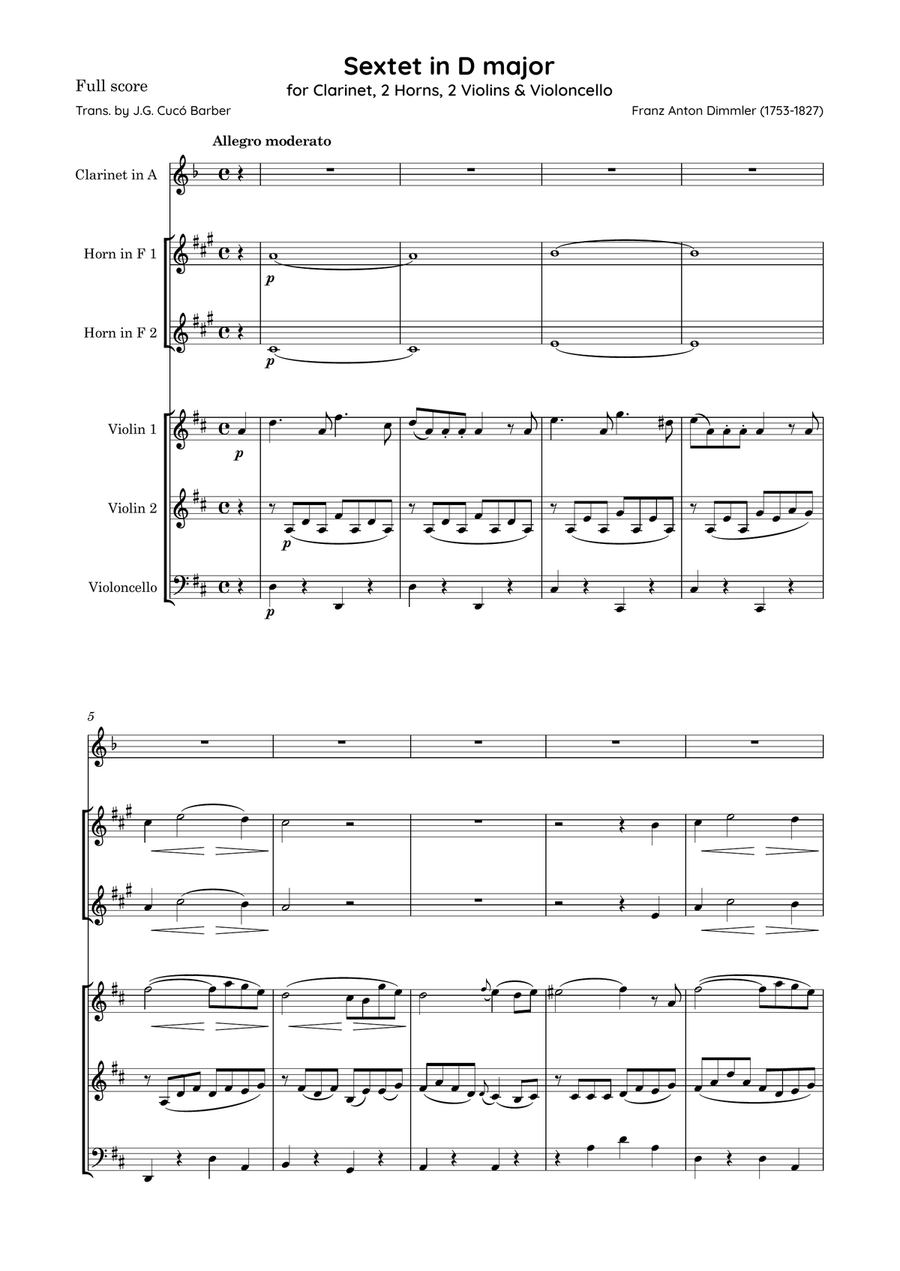 Dimmler - Sextet in D major, for Clarinet, 2 Horns, 2 Violins & Violoncello Small Ensemble scores gallery preview page 2
