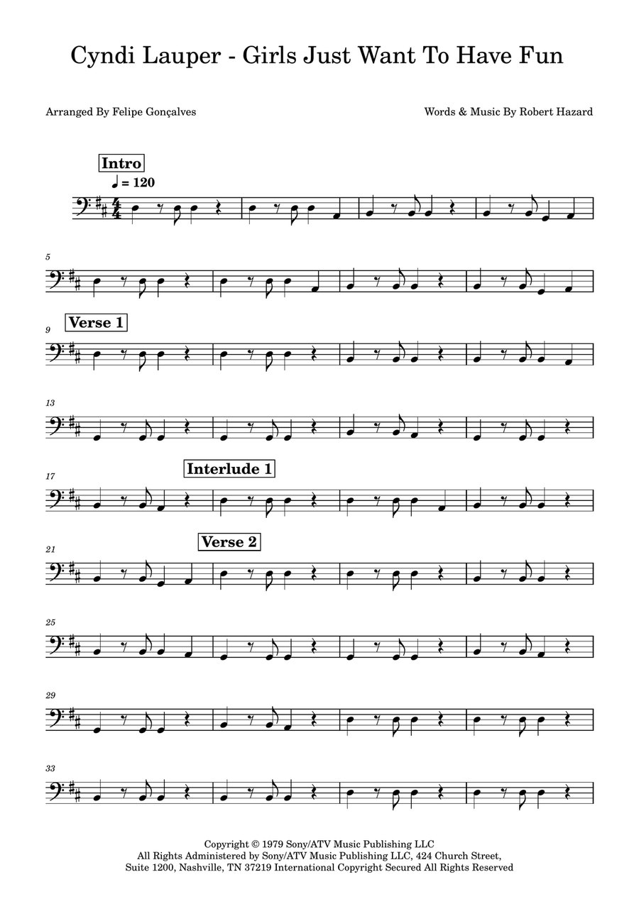 Girls Just Want To Have Fun Bass Guitar scores gallery preview page 1