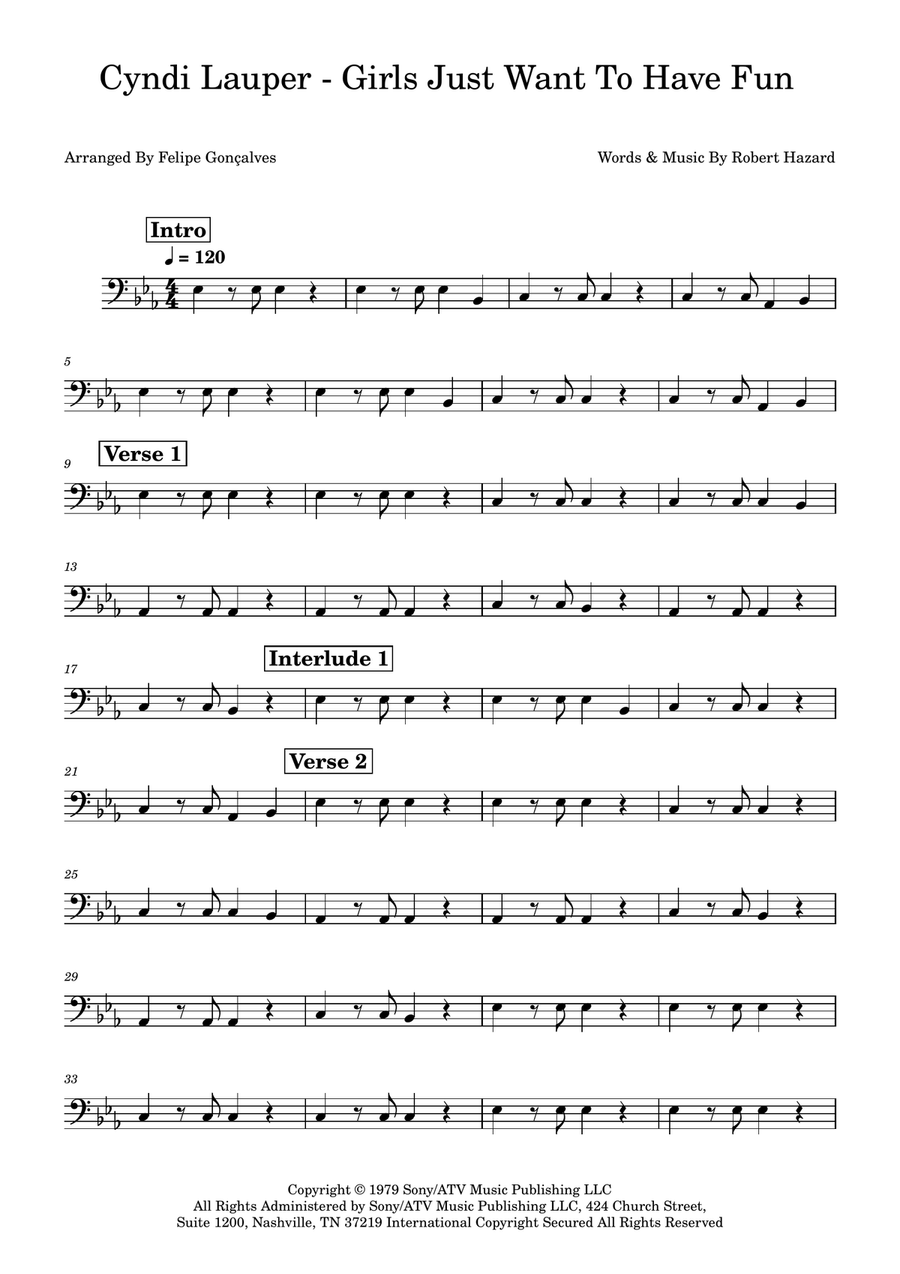 Girls Just Want To Have Fun Bass Guitar scores gallery preview page 1