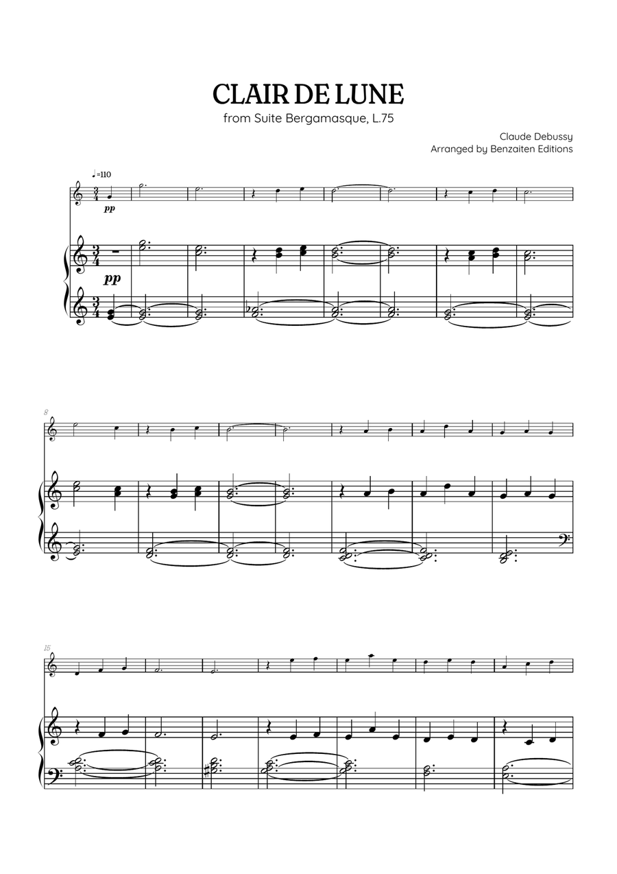 Debussy • Clair de Lune | easy oboe sheet music with piano accompaniment Piano scores gallery preview page 1