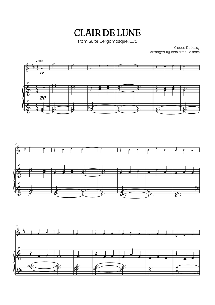 Debussy • Clair de Lune | easy trumpet sheet music with piano accompaniment B-Flat Trumpet scores gallery preview page 1