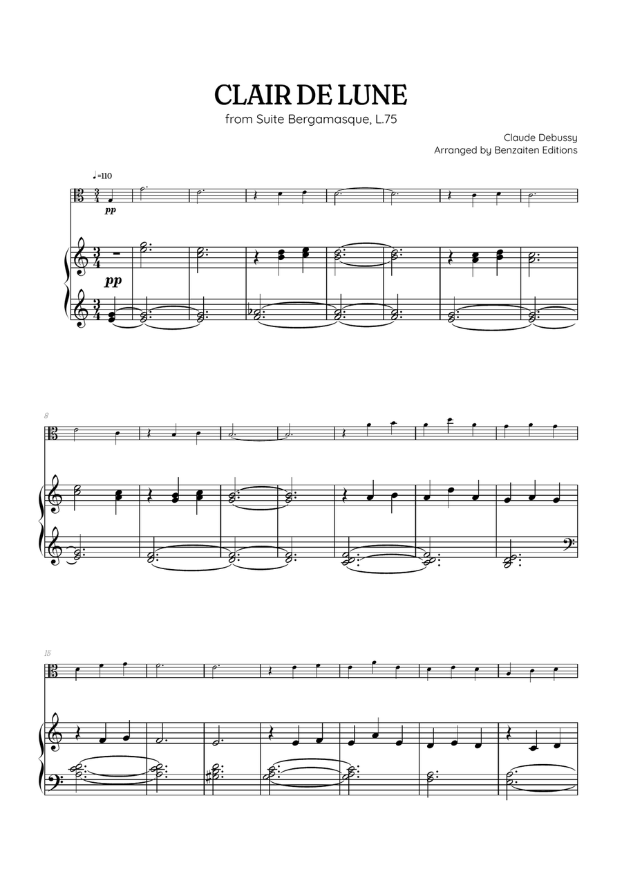 Debussy • Clair de Lune | easy viola sheet music with piano accompaniment Viola scores gallery preview page 1