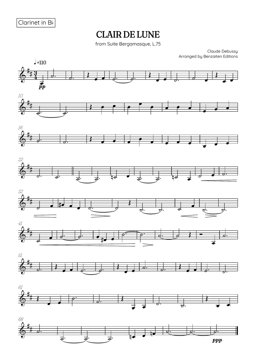 Debussy • Clair de Lune | easy clarinet sheet music B-Flat Clarinet scores gallery preview page 1