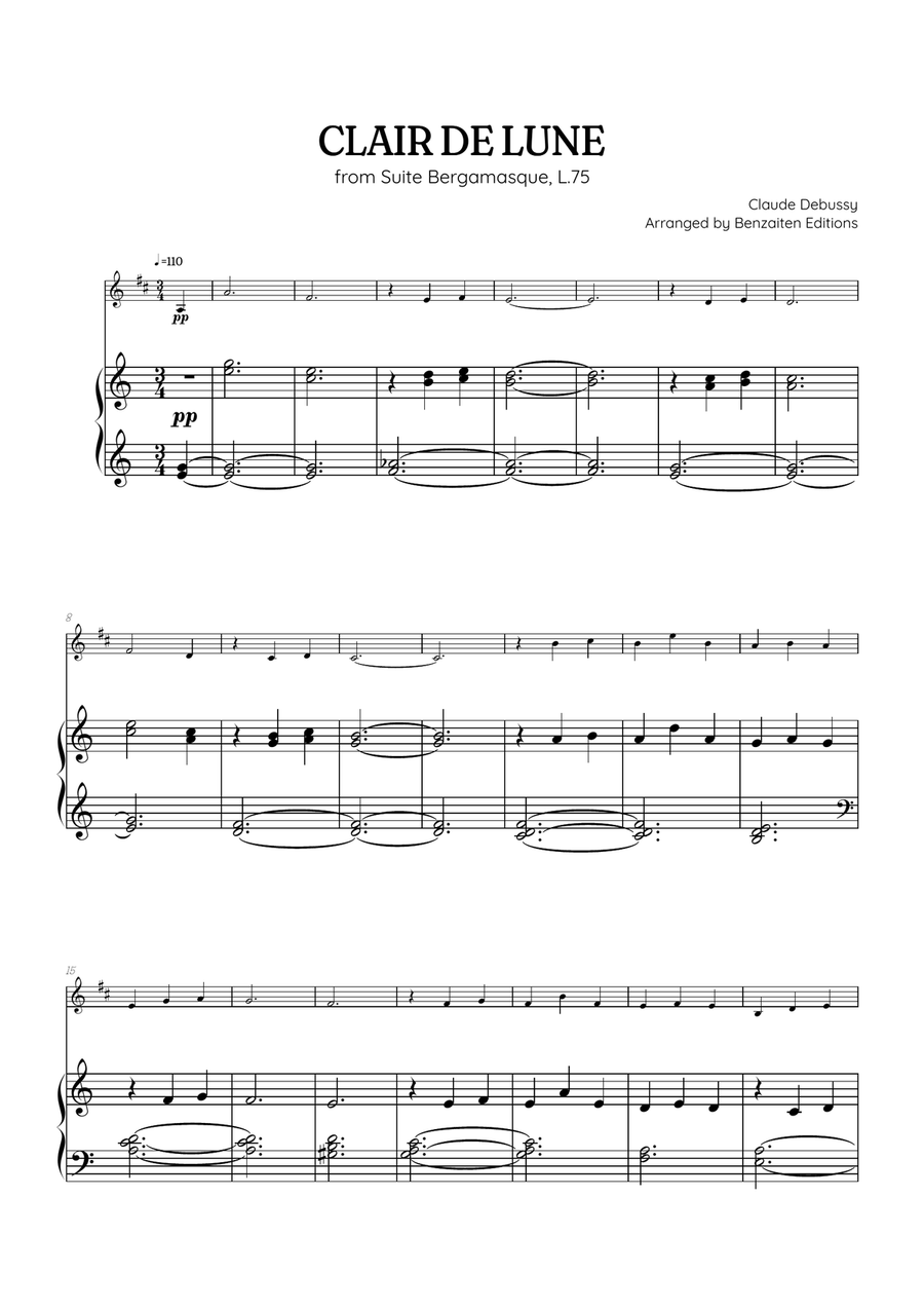 Debussy • Clair de Lune | easy clarinet sheet music with piano accompaniment B-Flat Clarinet scores gallery preview page 1