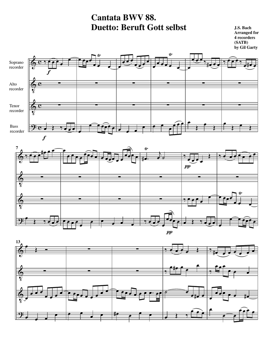 Duetto: Beruft Gott selbst from Cantata BWV 88 (arrangement for 4 recorders) (SATB)) 4-Part scores gallery preview page 2