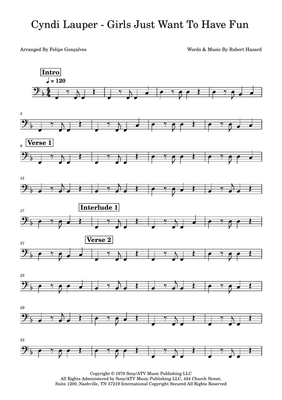 Girls Just Want To Have Fun Bass Guitar scores gallery preview page 1
