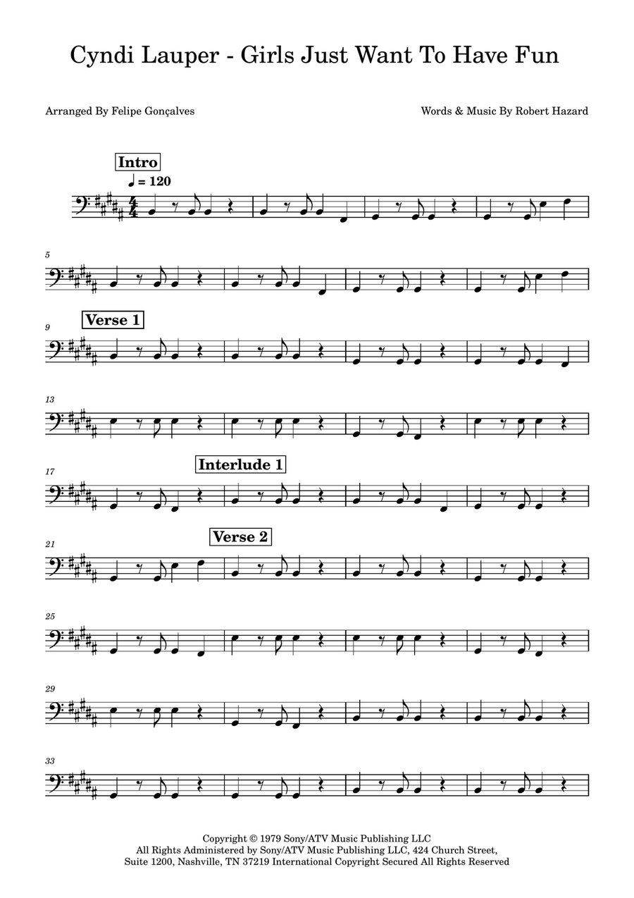 Girls Just Want To Have Fun Bass Guitar scores gallery preview page 1