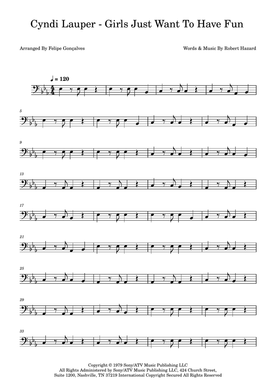Girls Just Want To Have Fun Bass Guitar scores gallery preview page 1