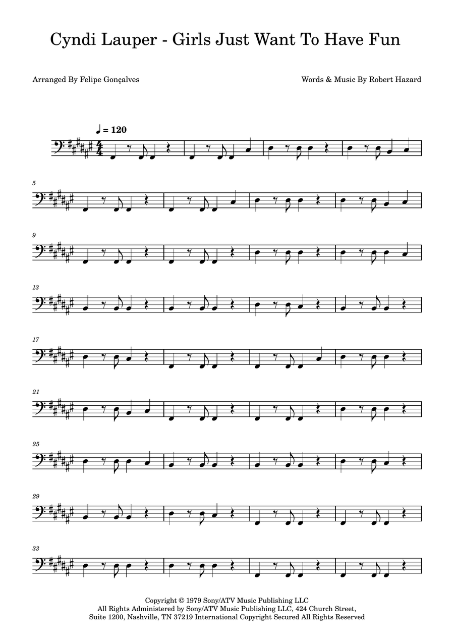 Girls Just Want To Have Fun Bass Guitar scores gallery preview page 1