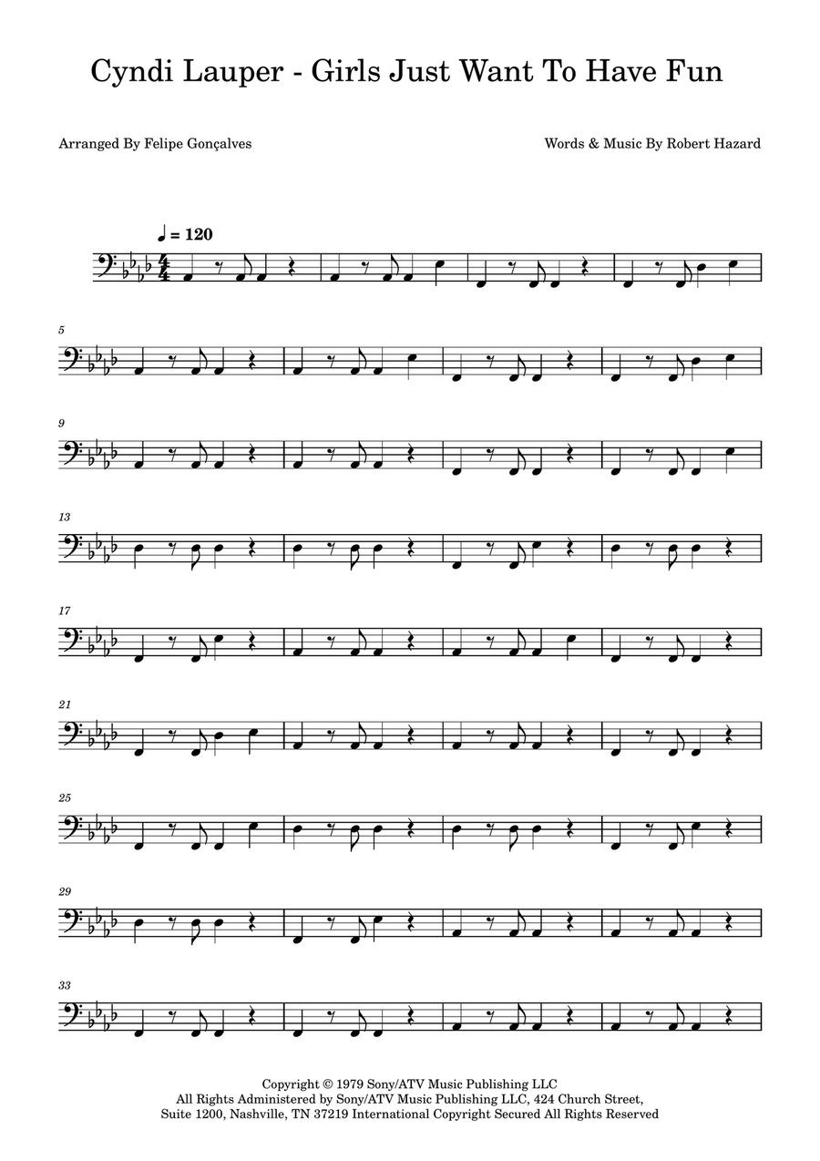Girls Just Want To Have Fun Bass Guitar scores gallery preview page 1