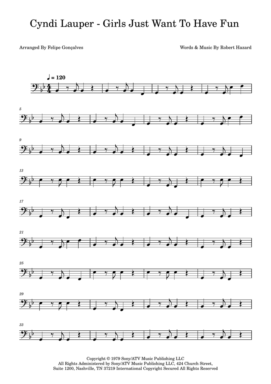 Girls Just Want To Have Fun Bass Guitar scores gallery preview page 1
