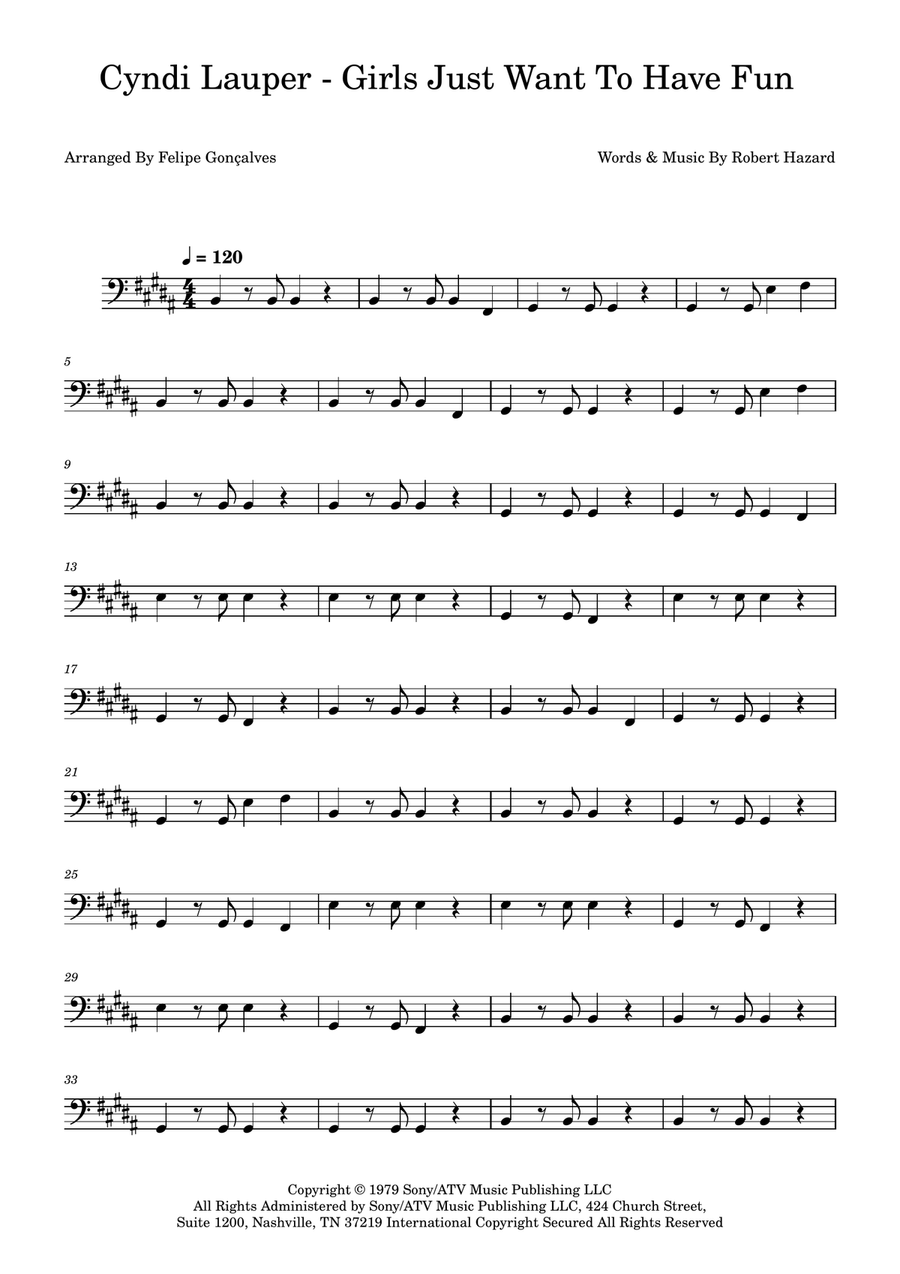 Girls Just Want To Have Fun Bass Guitar scores gallery preview page 1