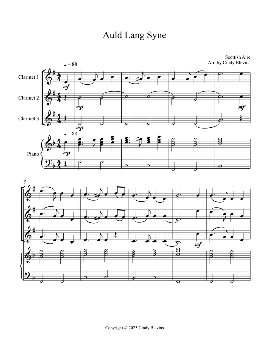 Auld Lang Syne, for Three Clarinets and Piano Small Ensemble scores gallery preview page 2