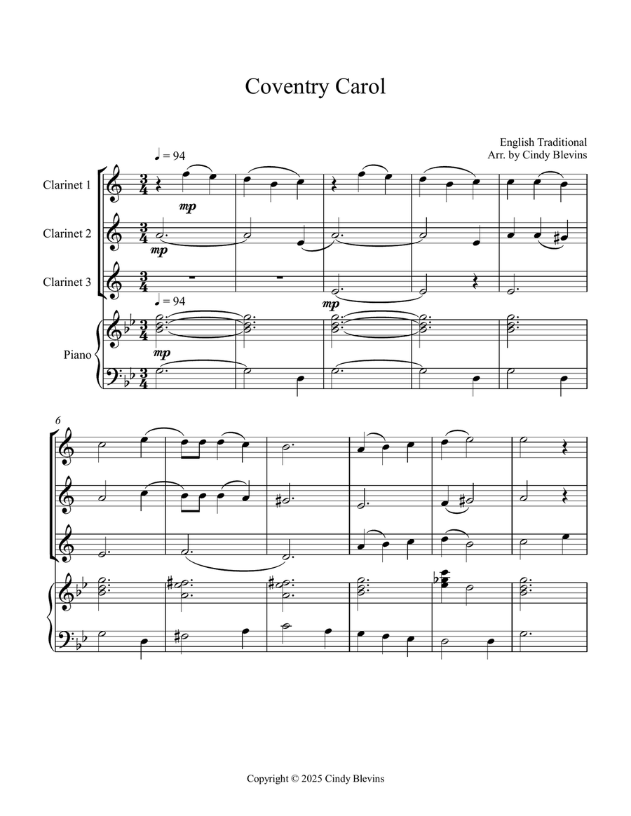 Coventry Carol, for Three Clarinets and Piano Small Ensemble scores gallery preview page 2