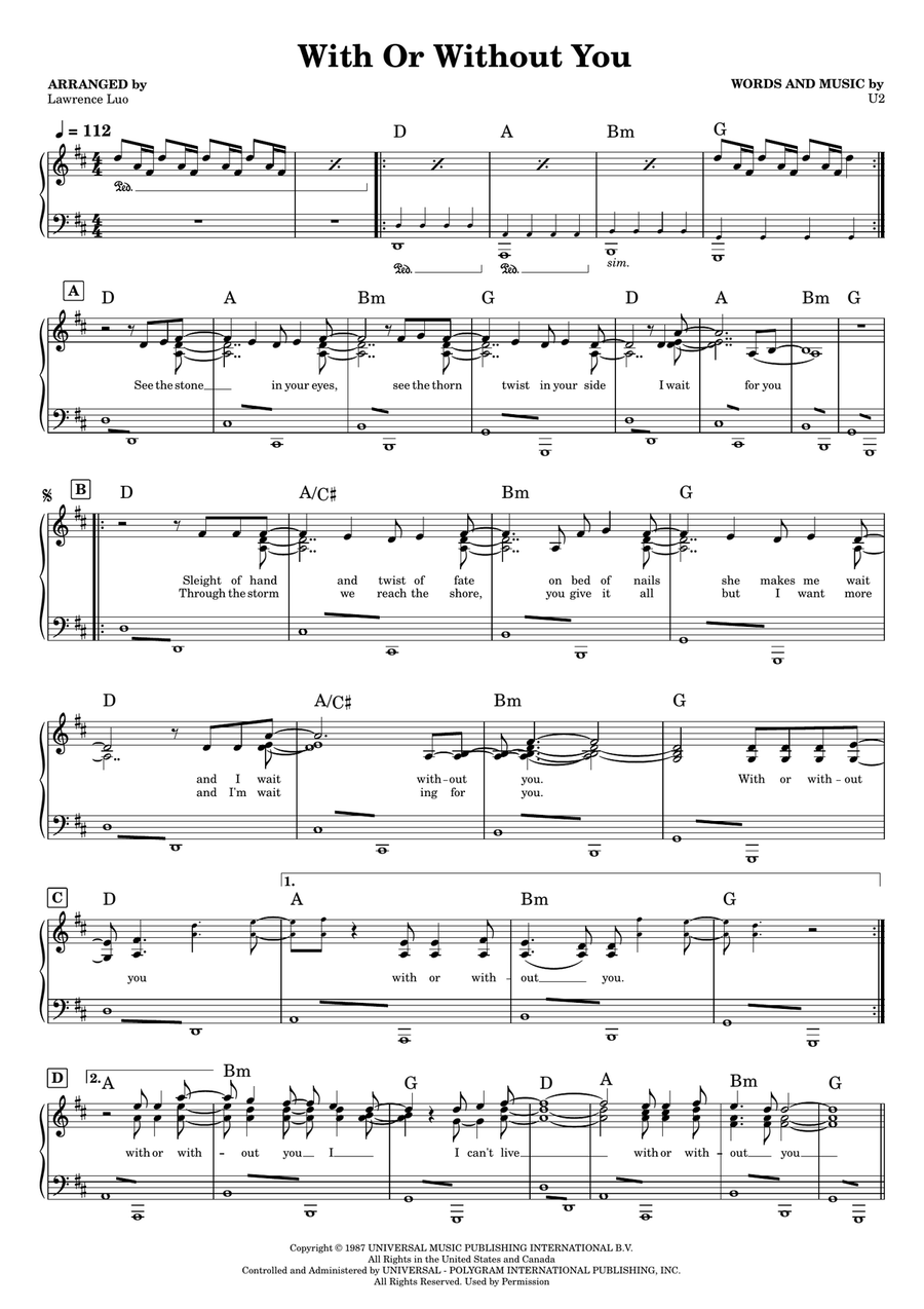 With Or Without You Easy Piano scores gallery preview page 1