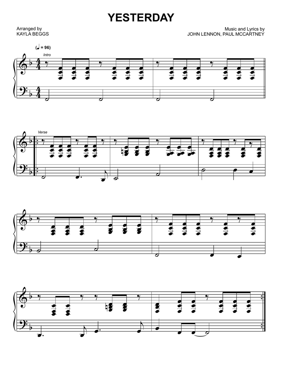 Yesterday Yesterday Piano Solo scores gallery preview page 1