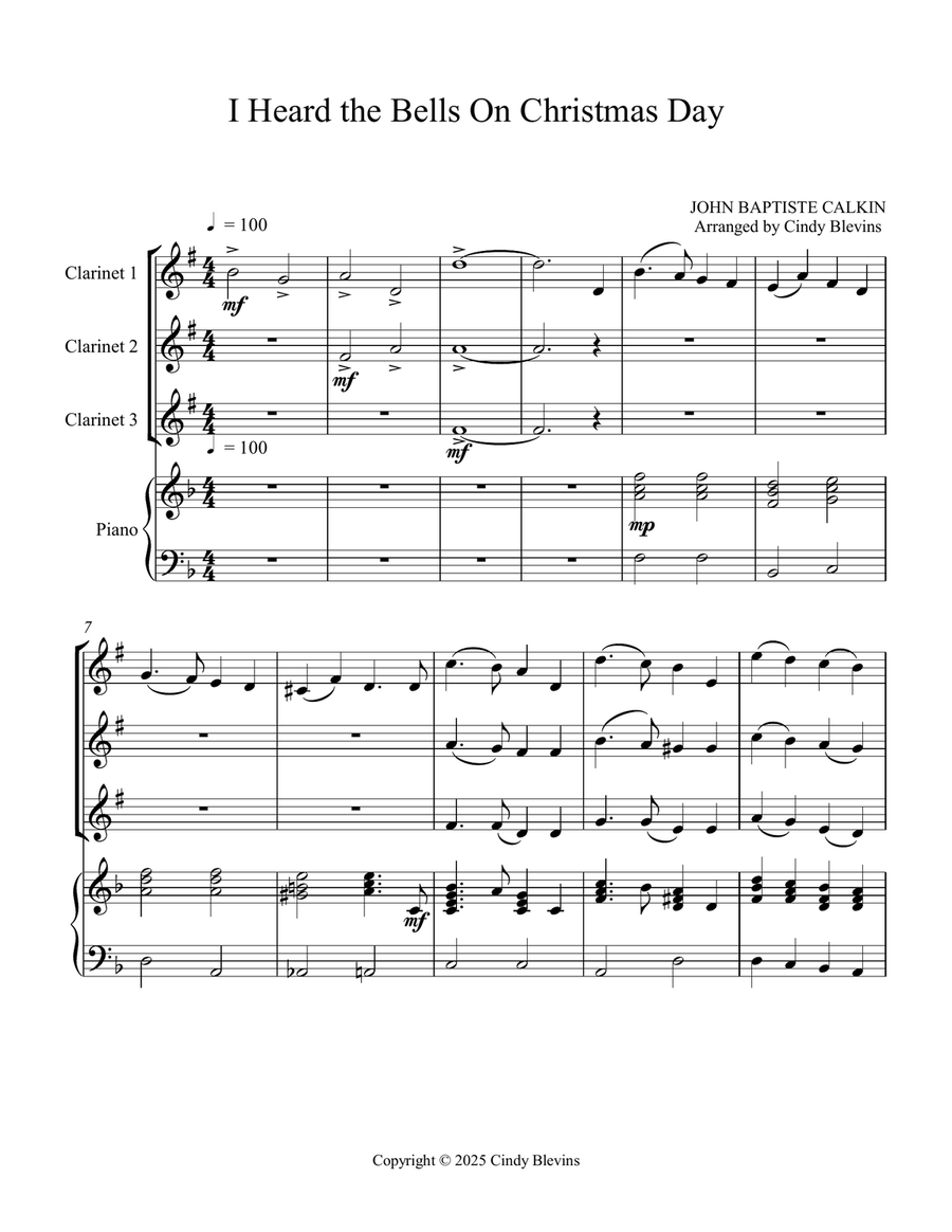 I Heard the Bells On Christmas Day, for Three Clarinets and Piano Small Ensemble scores gallery preview page 2