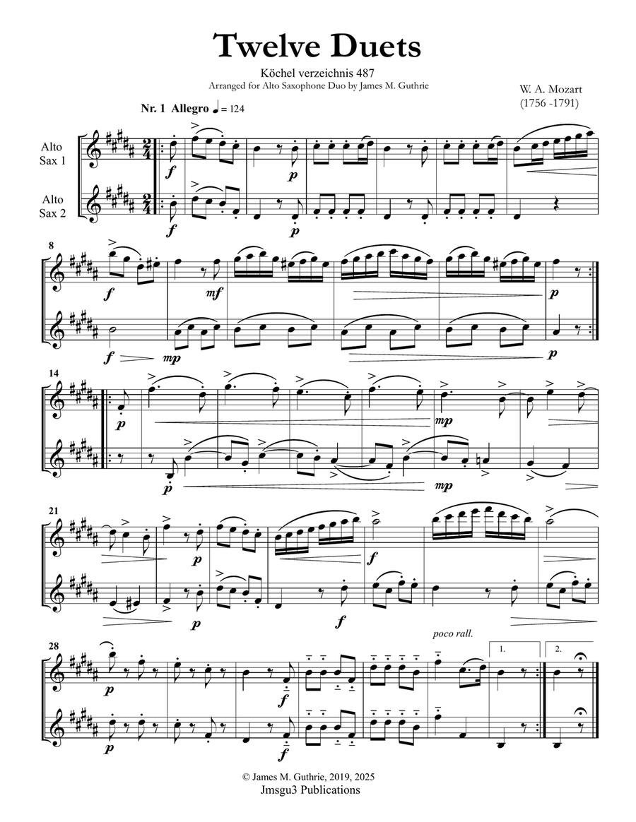 Mozart: Twelve Duets for Alto Saxophone Duo K. 487 Woodwind Duet scores gallery preview page 1