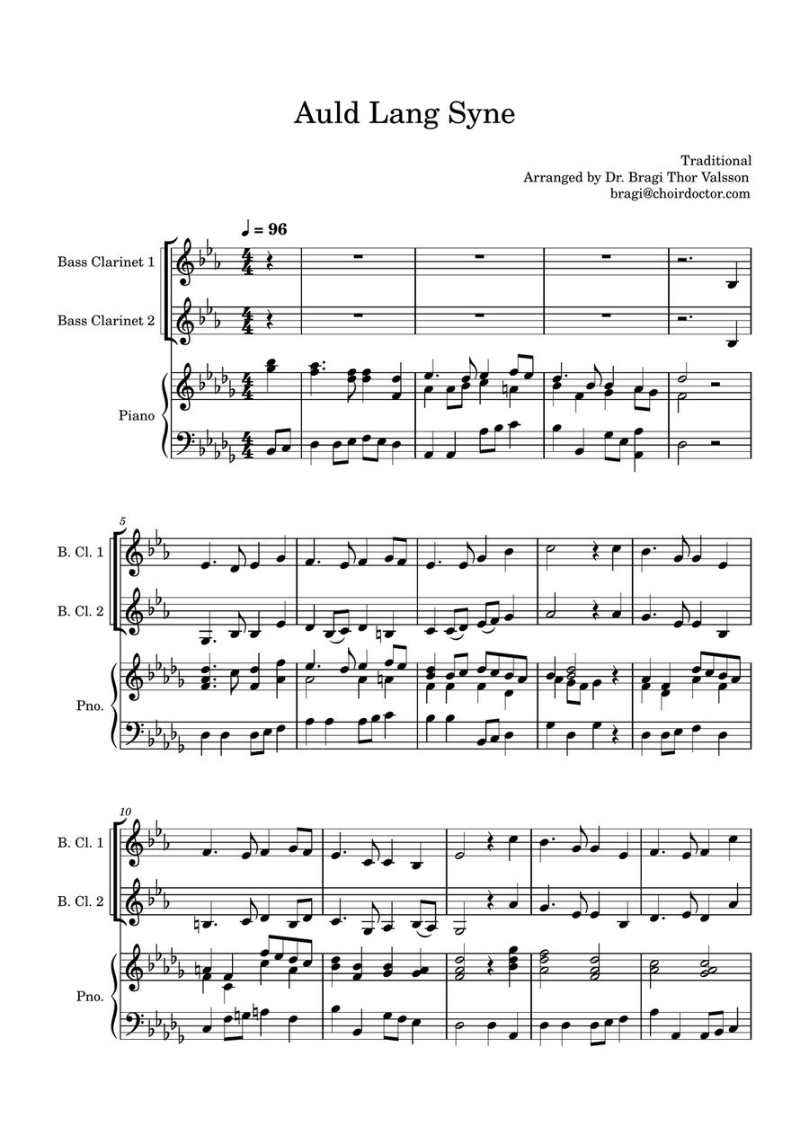 Auld Lang Syne for two Bass Clarinets with Piano accompaniment Woodwind Duet scores gallery preview page 2