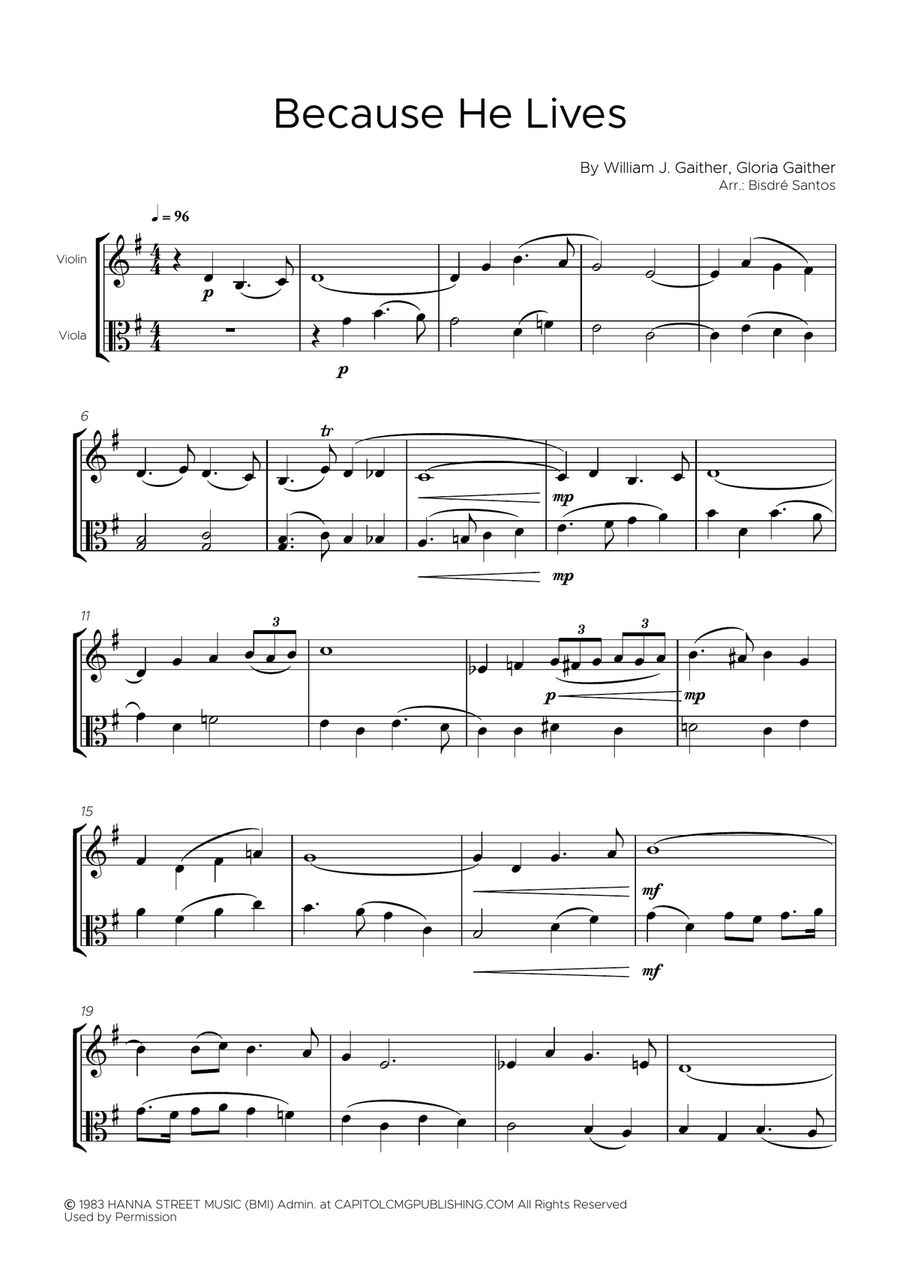 Because He Lives String Duet scores gallery preview page 1