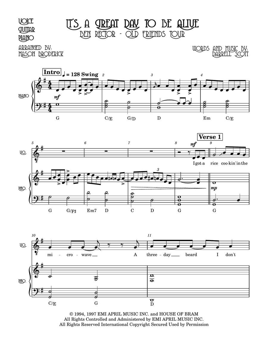 It's A Great Day To Be Alive Piano, Vocal scores gallery preview page 1