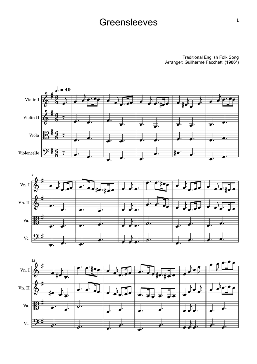 Greensleeves - Traditional English for String Quartet, Score and Parts String Quartet scores gallery preview page 1