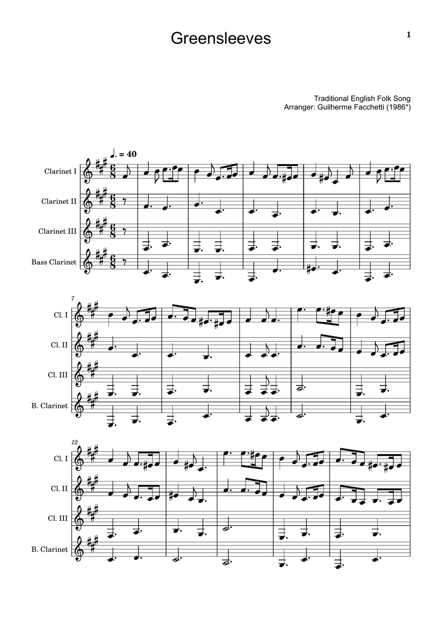 Greensleeves - Traditional English for Clarinet Quartet, Score and Parts Clarinet Quartet scores gallery preview page 1