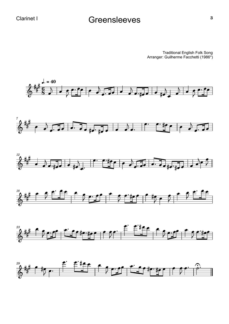 Greensleeves - Traditional English for Clarinet Quartet, Score and Parts Clarinet Quartet scores gallery preview page 3