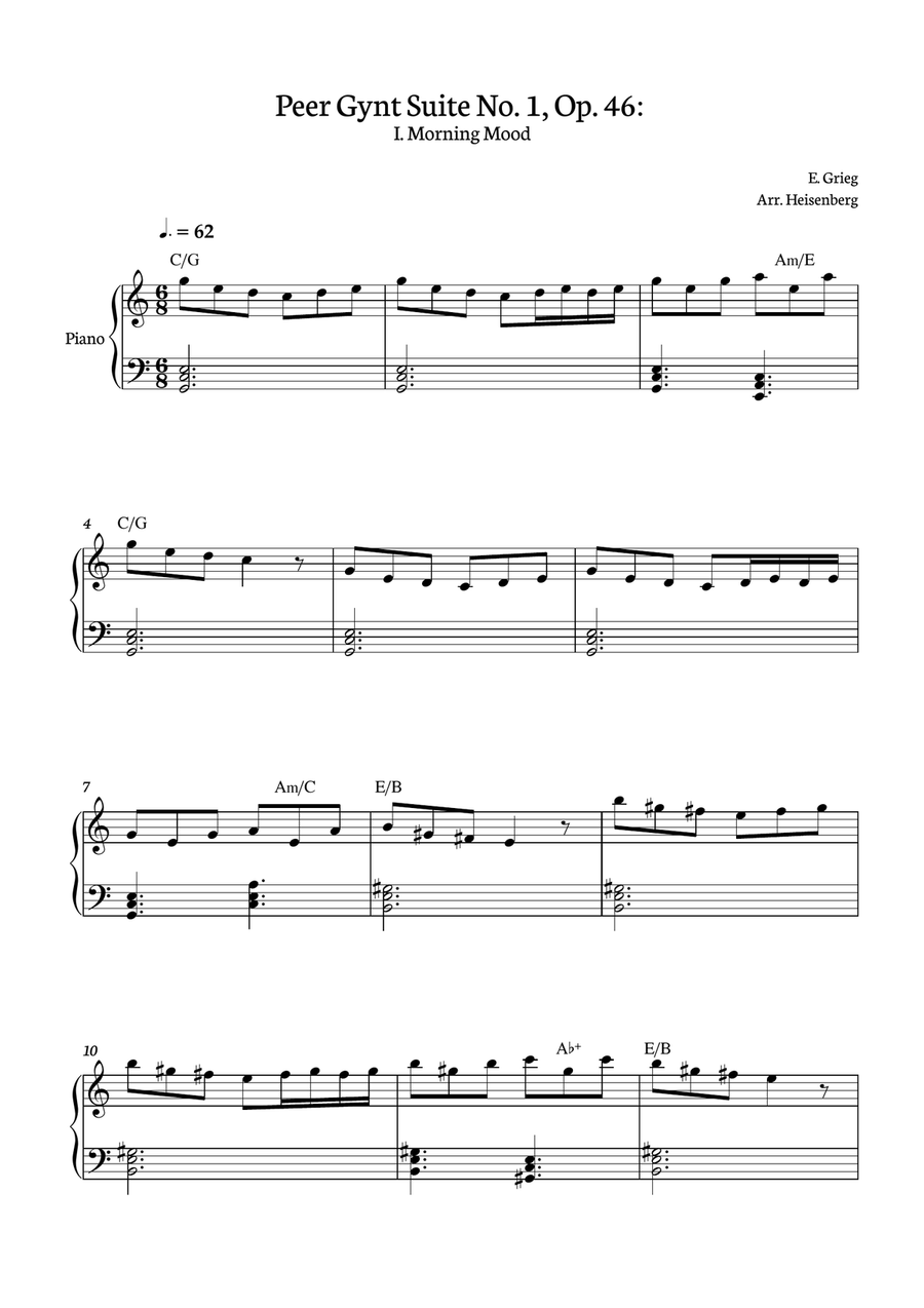 E. Grieg - Peer Gynt Suite No. 1, Op. 46: Morning Mood for Piano solo with chords Piano Solo scores gallery preview page 1