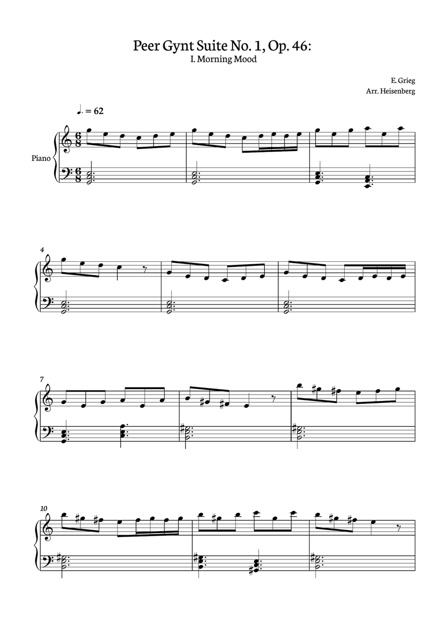 E. Grieg - Peer Gynt Suite No. 1, Op. 46: Morning Mood for Piano solo Piano Solo scores gallery preview page 1